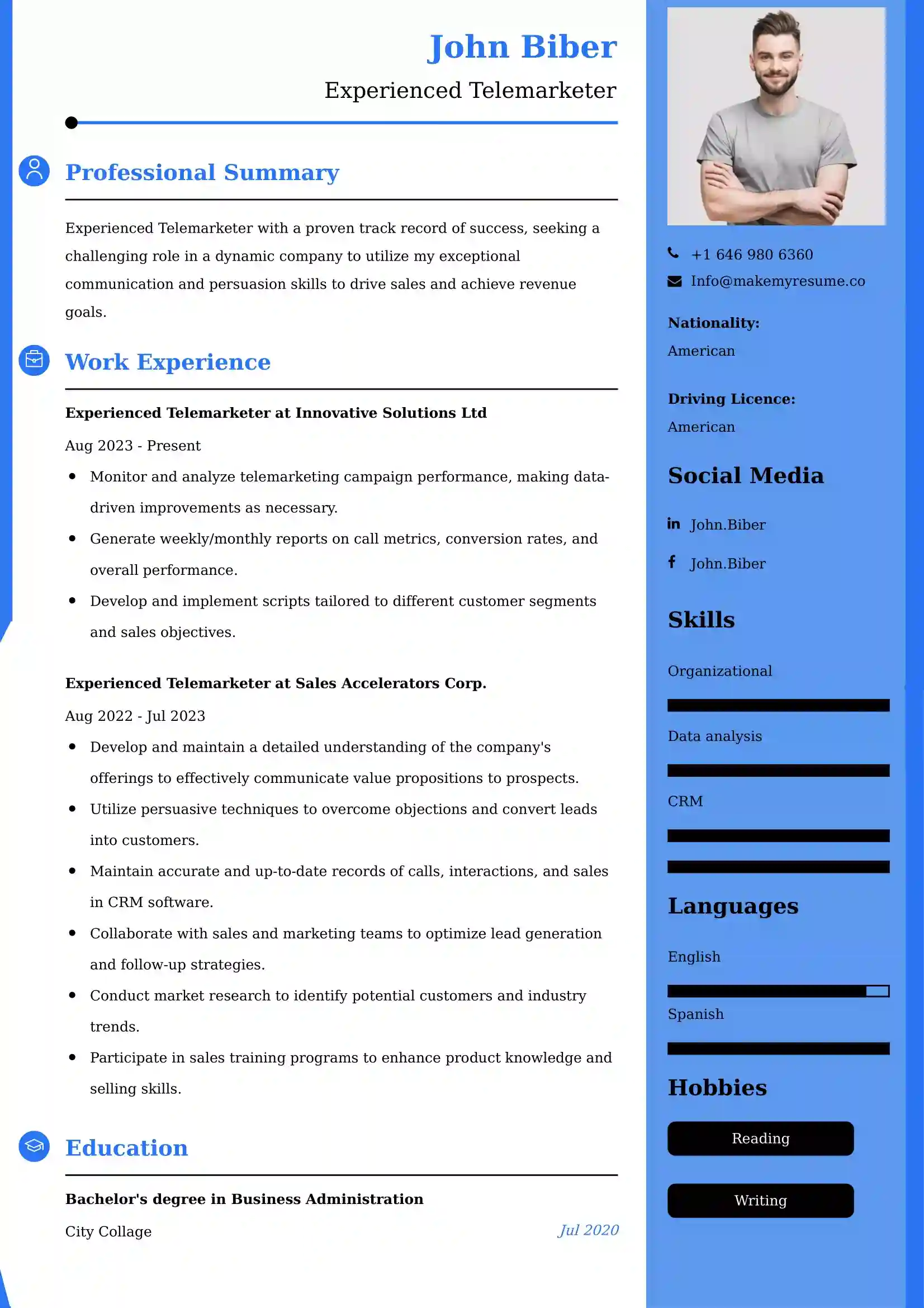 Best Experienced Telemarketer Resume Examples for UAE